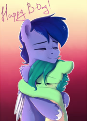 Size: 748x1041 | Tagged: safe, artist:kaylemi, imported from derpibooru, oc, oc only, oc:kaylemi, earth pony, pegasus, pony, duo, earth pony oc, eyes closed, female, gradient background, hug, male, oc x oc, pegasus oc, shipping