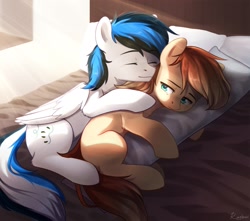 Size: 1222x1080 | Tagged: safe, artist:kaylemi, imported from derpibooru, oc, oc only, earth pony, pegasus, pony, bed, cuddling, duo, earth pony oc, female, male, morning ponies, oc x oc, pegasus oc, shipping