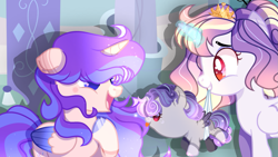 Size: 1191x671 | Tagged: safe, artist:hancar, artist:selenavivacity, imported from derpibooru, oc, oc only, oc:harmonious armor senriga, oc:selena vivacity, oc:whisper nocturnal, alicorn, pony, alicorn oc, aunt and niece, baby, baby pony, base used, coat markings, colored hooves, colored pupils, colored wings, crown, female, filly, foal, gradient mane, half-sisters, horn, jewelry, magical lesbian spawn, mare, mascara, mother and child, mother and daughter, mouth hold, offspring, offspring's offspring, parent:flash sentry, parent:oc:sapphire moon, parent:oc:selena vivacity, parent:rainbow dash, parent:twilight sparkle, parents:flashlight, parents:twidash, regalia, shadow, trio, trio female, wings