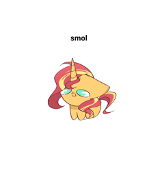 Size: 1920x2050 | Tagged: safe, artist:miryelis, imported from derpibooru, sunset shimmer, pony, unicorn, chibi, crying, cute, meme, shimmerbetes, simple background, smiling, smol, solo, text, white background