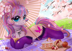 Size: 3050x2156 | Tagged: safe, artist:kaylemi, imported from derpibooru, oc, oc only, oc:bijou butterfly, earth pony, pony, bubble tea, cake, cake slice, cherry blossoms, clothes, earth pony oc, female, flower, flower blossom, food, lying down, picnic, prone, socks, solo, strawberry