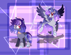 Size: 1280x988 | Tagged: safe, artist:nocturnal-moonlight, artist:selenavivacity, imported from derpibooru, oc, oc only, oc:imperial moonlight, oc:whisper nocturnal, alicorn, unicorn, abstract background, alicorn oc, base used, bracelet, choker, coat markings, colored, colored wings, crown, duo, duo female, ethereal mane, female, horn, jewelry, mare, offspring, offspring's offspring, parent:oc:sapphire moon, parent:oc:selena vivacity, red eyes, regalia, shadow, siblings, sisters, sparkly wings, unicorn oc, wings