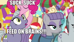 Size: 1920x1080 | Tagged: safe, edit, imported from derpibooru, limestone pie, marble pie, maud pie, pinkie pie, best gift ever, brain suck, caption, feeding, image macro, intelligence loss, pie sisters, siblings, sisters, sucking, sucking brains, text