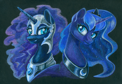 Size: 1608x1100 | Tagged: safe, artist:maytee, imported from derpibooru, nightmare moon, princess luna, alicorn, pony, black background, bust, colored pencil drawing, duality, female, mare, simple background, traditional art