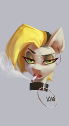 Size: 888x1608 | Tagged: safe, artist:khvorost162, imported from derpibooru, oc, oc only, oc:tlen borowski, pony, choker, cigarette, collar, ear piercing, female, green eyes, head only, looking at you, open mouth, piercing, smoke, smoking, solo