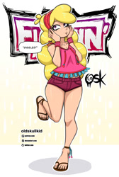 Size: 1347x2000 | Tagged: safe, artist:oldskullkid, imported from derpibooru, human, them's fightin' herds, belly button, blonde, blonde hair, blushing, clothes, community related, female, hand on head, humanized, legs, paprika (tfh), shorts, solo