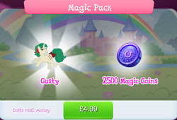 Size: 1264x860 | Tagged: safe, idw, imported from derpibooru, gusty, pony, unicorn, bow, bundle, costs real money, english, female, g1, g4, gameloft, horn, idw showified, magic coins, mare, my little pony: magic princess, numbers, official, sale, solo, solo focus, tail, tail bow, text