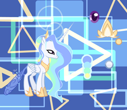 Size: 1280x1116 | Tagged: safe, artist:selenavivacity, imported from derpibooru, oc, oc only, oc:sglimmer, changepony, hybrid, abstract background, crown, ethereal mane, hoof shoes, interspecies offspring, jewelry, offspring, parent:princess celestia, parent:thorax, parents:thoralestia, peytral, reference sheet, regalia, solo