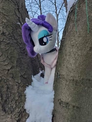 Size: 1512x2016 | Tagged: safe, artist:epicrainbowcrafts, imported from derpibooru, rarity, clothes, dress, irl, jewelry, photo, plushie, snow, tree, winter