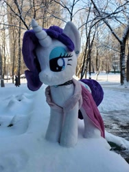 Size: 1512x2016 | Tagged: safe, artist:epicrainbowcrafts, imported from derpibooru, rarity, clothes, dress, irl, jewelry, photo, plushie, snow, winter