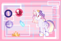 Size: 1091x733 | Tagged: safe, artist:selenavivacity, imported from derpibooru, oc, oc only, oc:selena vivacity, alicorn, abstract background, alicorn oc, bracelet, coat markings, colored hooves, colored pupils, colored wings, crown, gradient mane, horn, jewelry, magic, magic aura, magical lesbian spawn, offspring, parent:rainbow dash, parent:twilight sparkle, parents:twidash, reference sheet, regalia, solo, wings
