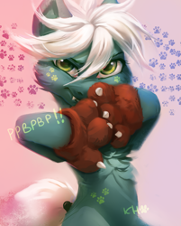 Size: 1569x1950 | Tagged: safe, artist:khvorost162, imported from derpibooru, oc, oc only, earth pony, pony, chest fluff, claws, clothes, cyrillic, fangs, female, gloves, looking at you, smiling, solo, standing, tail, white hair, white tail