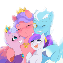 Size: 2048x2048 | Tagged: safe, artist:aztrial, imported from derpibooru, queen haven, pegasus, pony, spoiler:g5, spoiler:my little pony: tell your tale, spoiler:tyts01e35, cherry flyaway, cute, diadem, eyes closed, family, female, g5, grin, group, group hug, hug, jewelry, male, mare, monocle, my little pony: tell your tale, necklace, one eye closed, open mouth, open smile, panic on harvest & hugs day, quartet, simple background, smiling, stallion, unnamed character, unnamed pony, unshorn fetlocks, white background, younger
