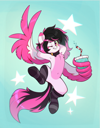 Size: 1516x1939 | Tagged: safe, artist:rexyseven, imported from derpibooru, oc, oc only, oc:lunylin, pegasus, pony, arm behind head, armpits, belly, belly button, bendy straw, chest fluff, clothes, collar, colored belly, colored wings, cup, dark belly, drink, drinking straw, hooves behind head, looking at you, multicolored wings, one eye closed, pegasus oc, smiling, smiling at you, socks, solo, spread wings, striped socks, two toned coat, two toned wings, waving, wing gesture, wing hands, wing hold, wing wave, wings