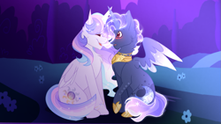 Size: 1191x671 | Tagged: safe, artist:selenavivacity, imported from derpibooru, oc, oc only, oc:sapphire moon, oc:selena vivacity, alicorn, alicorn oc, blushing, colored wings, ethereal mane, female, hoof shoes, horn, magical lesbian spawn, male, mare, oc x oc, offspring, offspring shipping, parent:king sombra, parent:princess luna, parent:rainbow dash, parent:twilight sparkle, parents:lumbra, parents:twidash, peytral, shipping, sitting, sparkly wings, stallion, straight, wings