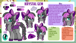 Size: 1200x676 | Tagged: safe, artist:jennieoo, imported from derpibooru, oc, oc:krystal gem, bat pony, pegasus, pony, angry, bedroom eyes, bio, bored, bow, braid, bust, cutie mark, dislikes, full body, likes, looking at you, portrait, reference, reference sheet, show accurate, simple background, smiling, smiling at you, solo