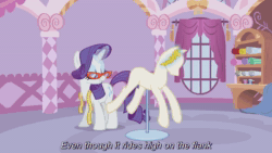 Size: 1920x1080 | Tagged: safe, edit, edited screencap, imported from derpibooru, screencap, rarity, suited for success, animated, art of the dress, caption, carousel boutique, clothes, dress, gala dress, glasses, mannequin, measuring tape, no sound, rarity's glasses, text, vulgar, webm