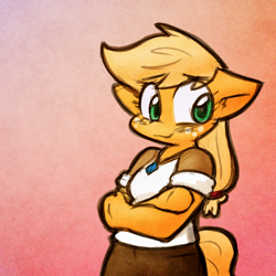 Size: 900x900 | Tagged: safe, artist:zutcha, imported from derpibooru, applejack, anthro, clothes, cute, female, gradient background, jackabetes, solo