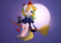 Size: 1200x847 | Tagged: safe, artist:sofiko-ko, imported from derpibooru, oc, oc only, cat, pony, unicorn, bow, broom, commission, flying, flying broomstick, hair bow, solo, witch, ych result