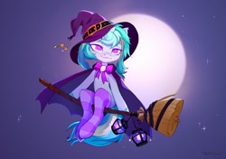 Size: 1200x847 | Tagged: safe, artist:sofiko-ko, imported from derpibooru, oc, oc only, oc:sour comet, pony, unicorn, broom, cape, clothes, commission, flying, flying broomstick, hat, lantern, moon, socks, solo, striped socks, witch, witch hat, ych result