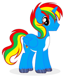 Size: 894x1054 | Tagged: safe, artist:existencecosmos188, imported from derpibooru, oc, oc only, oc:shield wing, alicorn, pony, derpibooru community collaboration, 2023 community collab, alicorn oc, horn, male, multicolored hair, rainbow hair, simple background, smiling, solo, stallion, transparent background, unshorn fetlocks, wings
