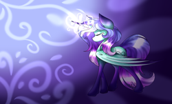 Size: 3147x1905 | Tagged: safe, artist:aquasky987, imported from derpibooru, oc, oc only, alicorn, pony, abstract background, alicorn oc, eyes closed, glowing, glowing horn, horn, solo, wings