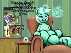 Size: 2732x2048 | Tagged: safe, artist:phutashi, imported from derpibooru, bon bon, lyra heartstrings, sweetie drops, earth pony, pony, unicorn, chair, coffee mug, dialogue, female, frog (hoof), glow, glowing horn, hand, horn, lesbian, lidded eyes, lyrabon, magic, magic hands, mare, mug, recliner, shipping, sitting, underhoof