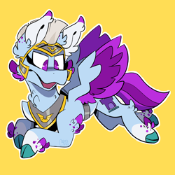 Size: 2000x2000 | Tagged: safe, artist:caprania, imported from derpibooru, pegasus, pony, female, g5, guardsmare, mare, open mouth, pegasus royal guard, royal guard, simple background, solo, yellow background, zoom zephyrwing