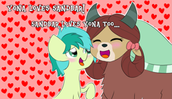 Size: 1735x1000 | Tagged: safe, artist:girlduog, imported from derpibooru, sandbar, yona, earth pony, pony, yak, blushing, dialogue, duo, duo male and female, eyes closed, female, heart, heart background, male, male and female, monkey swings, open mouth, outline, raised hoof, shipping, straight, white outline, yonabar