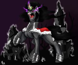 Size: 4203x3508 | Tagged: safe, artist:mekblue, imported from derpibooru, king sombra, umbrum, angry, armor, colored horn, crystal, curved horn, horn, magic, muscles, solo, sombra eyes, sombra horn, teeth, the crystal empire 10th anniversary