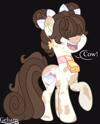 Size: 3325x4096 | Tagged: safe, artist:pegasisterartmlp, imported from derpibooru, oc, oc only, cow, earth pony, pony, bell, black background, cowbell, earth pony oc, female, open mouth, simple background, solo