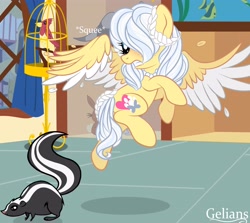 Size: 4096x3653 | Tagged: safe, artist:pegasisterartmlp, imported from derpibooru, oc, oc only, bird, fish, pegasus, pony, rabbit, skunk, animal, bird cage, female, pegasus oc, scared, squee, wings