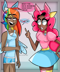 Size: 1005x1202 | Tagged: safe, artist:berriiparfait, imported from derpibooru, pinkie pie, rainbow dash, human, dark skin, dialogue, eared humanization, humanized, speech bubble, what the heck rainbow dash don't swear, winged humanization, wings