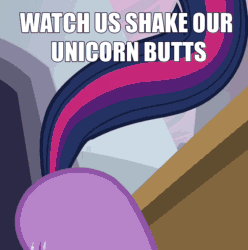 Size: 650x656 | Tagged: safe, edit, edited screencap, imported from derpibooru, screencap, twilight sparkle, pony, unicorn, a canterlot wedding, animated, ass up, booty booty booty booty rockin' everywhere, both cutie marks, butt, butt only, butt shake, caption, cropped, female, g4, gif, image macro, solo, sunshine sunshine, tail, tail wag, text, twibutt, unicorn twilight, watch us shake our unicorn butts
