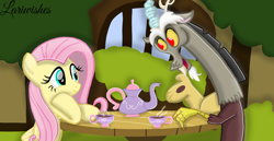 Size: 1980x1020 | Tagged: safe, artist:mlplary6, imported from derpibooru, discord, fluttershy, draconequus, pony, cup, discoshy, female, food, looking at each other, looking at someone, male, mare, shipping, smiling, straight, tea, teacup