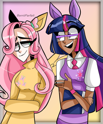 Size: 1005x1202 | Tagged: safe, artist:berriiparfait, imported from derpibooru, fluttershy, twilight sparkle, human, dark skin, duo, eared humanization, humanized, winged humanization, wings