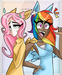 Size: 1005x1202 | Tagged: safe, artist:berriiparfait, imported from derpibooru, fluttershy, rainbow dash, human, dark skin, duo, eared humanization, female, humanized, open mouth, winged humanization, wings