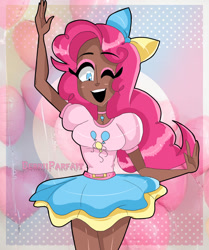 Size: 1005x1202 | Tagged: safe, artist:berriiparfait, imported from derpibooru, pinkie pie, human, clothes, dark skin, female, humanized, open mouth, skirt, solo