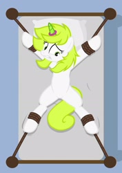 Size: 1536x2166 | Tagged: safe, artist:equestria secret guard, imported from derpibooru, oc, oc only, oc:mask薇薰, pony, unicorn, armpits, bed, belly button, bondage, chinese, eyebrows, female, frown, helpless, horn, horn ring, jewelry, lying down, magic suppression, on back, on bed, ring, rope, rope bondage, scared, sexy, solo, spread eagle, teeth, tied to bed, tied up, unicorn oc