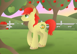 Size: 1024x725 | Tagged: safe, artist:lavenderrain24, imported from derpibooru, bright mac, earth pony, pony, apple, apple tree, cowboy hat, fence, food, hat, male, solo, stallion, stetson, tree
