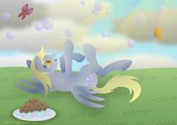 Size: 1024x725 | Tagged: safe, artist:lavenderrain24, imported from derpibooru, derpy hooves, butterfly, pegasus, pony, female, lying down, on back, solo