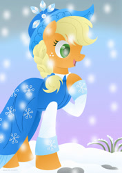 Size: 1280x1811 | Tagged: safe, artist:lavenderrain24, imported from derpibooru, applejack, earth pony, pony, female, snow, winter