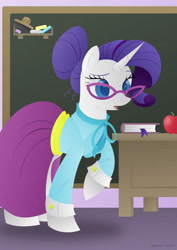 Size: 1280x1811 | Tagged: safe, artist:lavenderrain24, imported from derpibooru, rarity, pony, unicorn, chalkboard, clothes, female, solo, teacher