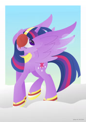 Size: 1280x1811 | Tagged: safe, artist:lavenderrain24, imported from derpibooru, twilight sparkle, alicorn, pony, clothes, cute, earmuffs, female, looking back, looking up, raised leg, scarf, snow, solo, spread wings, twilight sparkle (alicorn), wings, winter