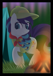 Size: 1280x1810 | Tagged: safe, artist:lavenderrain24, imported from derpibooru, coloratura, earth pony, pony, campfire, camping, female, filly coloratura, solo, tent