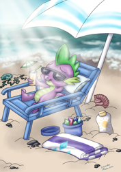 Size: 1240x1754 | Tagged: safe, artist:lavenderrain24, imported from derpibooru, spike, dragon, beach, drink, drinking straw, male, sand, solo, sunbathing, sunglasses, sunscreen, towel, water