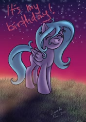 Size: 1240x1754 | Tagged: safe, artist:lavenderrain24, imported from derpibooru, oc, oc only, oc:lavender rain, pegasus, pony, birthday, eyes closed, female, happy, pegasus oc, smiling, wings