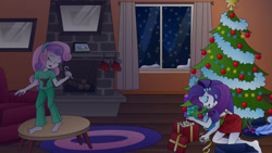 Size: 1192x670 | Tagged: safe, artist:lavenderrain24, imported from derpibooru, rarity, sweetie belle, equestria girls, barefoot, candy, candy cane, christmas, christmas tree, clothes, duo, feet, female, food, holiday, pajamas, singing, tree