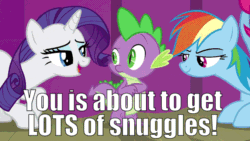 Size: 960x540 | Tagged: safe, edit, edited screencap, editor:undeadponysoldier, imported from ponybooru, screencap, rainbow dash, rarity, spike, dragon, pegasus, pony, unicorn, horse play, confused, female, implied snuggling, male, mare, rainbowspike, shipping, sparity, spike gets all the mares, straight, this will end in snuggles