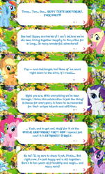 Size: 2048x3397 | Tagged: safe, imported from derpibooru, applejack, celena, eff stop, fancypants, featherweight, fluttershy, gem glitter, hoity toity, lily, lily valley, mr breezy, natalya, pinkie pie, princess ember, rainbow dash, rarity, thunderlane, tote bag (g4), twilight sparkle, alicorn, earth pony, pegasus, pony, unicorn, anniversary, applejack's hat, cowboy hat, dialogue, english, event, gameloft, hat, horn, mane six, mlp gameloft tenth anniversary, official, speech bubble, spread wings, text, tree, twilight sparkle (alicorn), wings